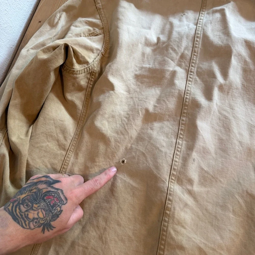 Vintage French Chore Jacket Size Medium 22x27 Corduroy Collar Distressed Hunting